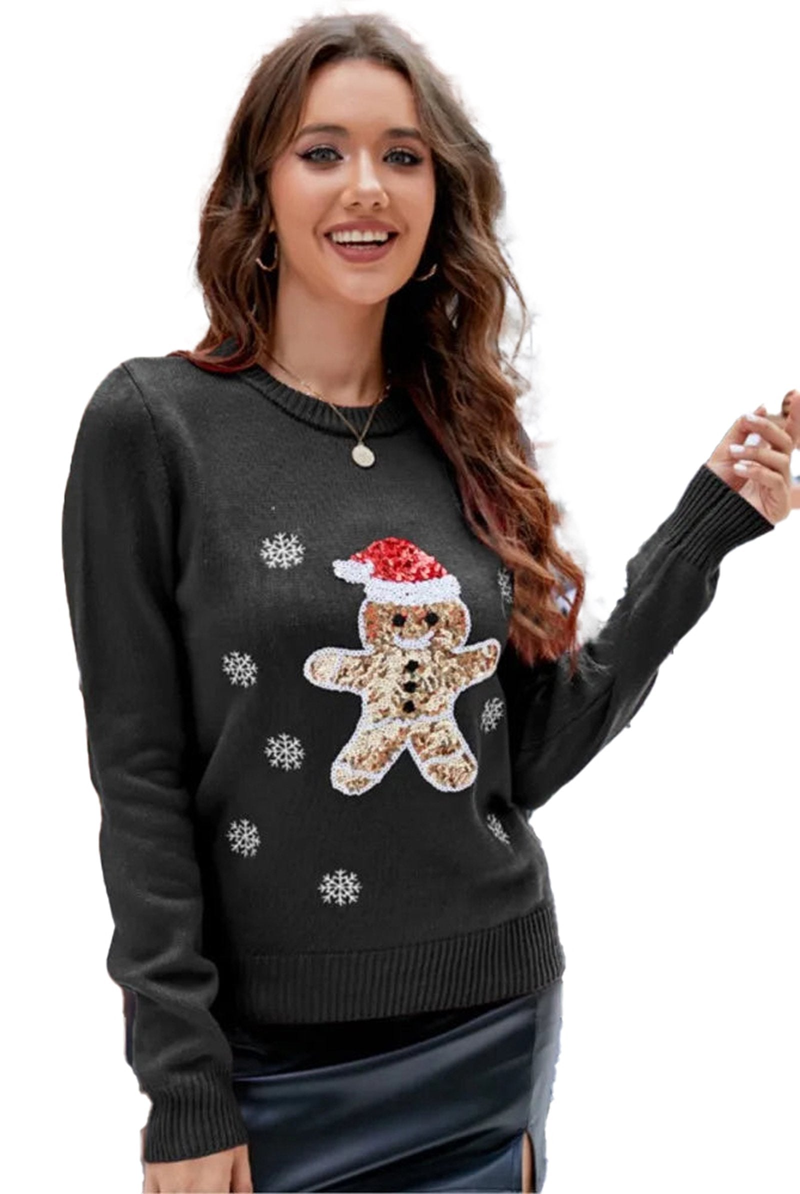 LuckeLadybug LLC women's Christmas knitted sweater featuring a gingerbread man design with snowflakes