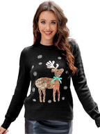 LuckeLadybug women's Christmas knitted sweater with reindeer sequin design and snowflake patterns