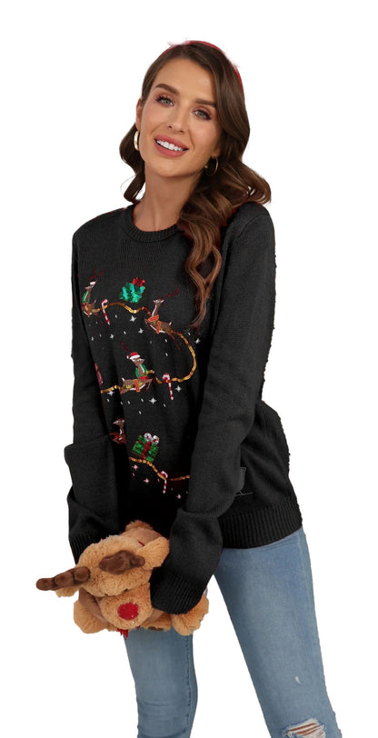 LuckeLadybug LLC women's Christmas knitted sweater featuring festive reindeer and candy canes