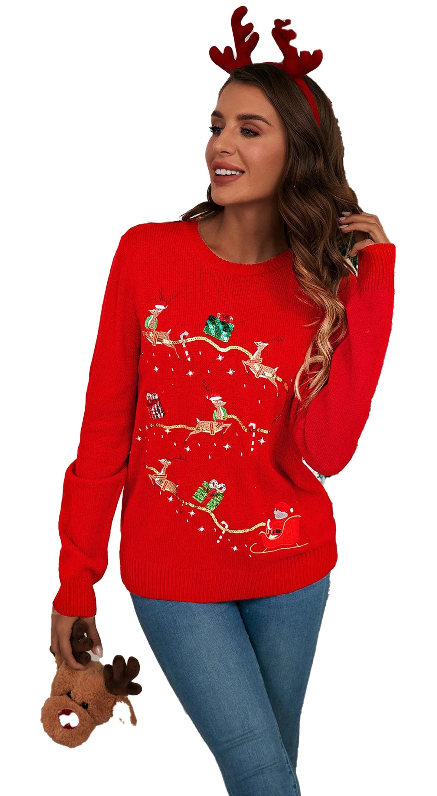 Festive women's Christmas knitted sweater in red with deer and gifts design for holiday celebrations