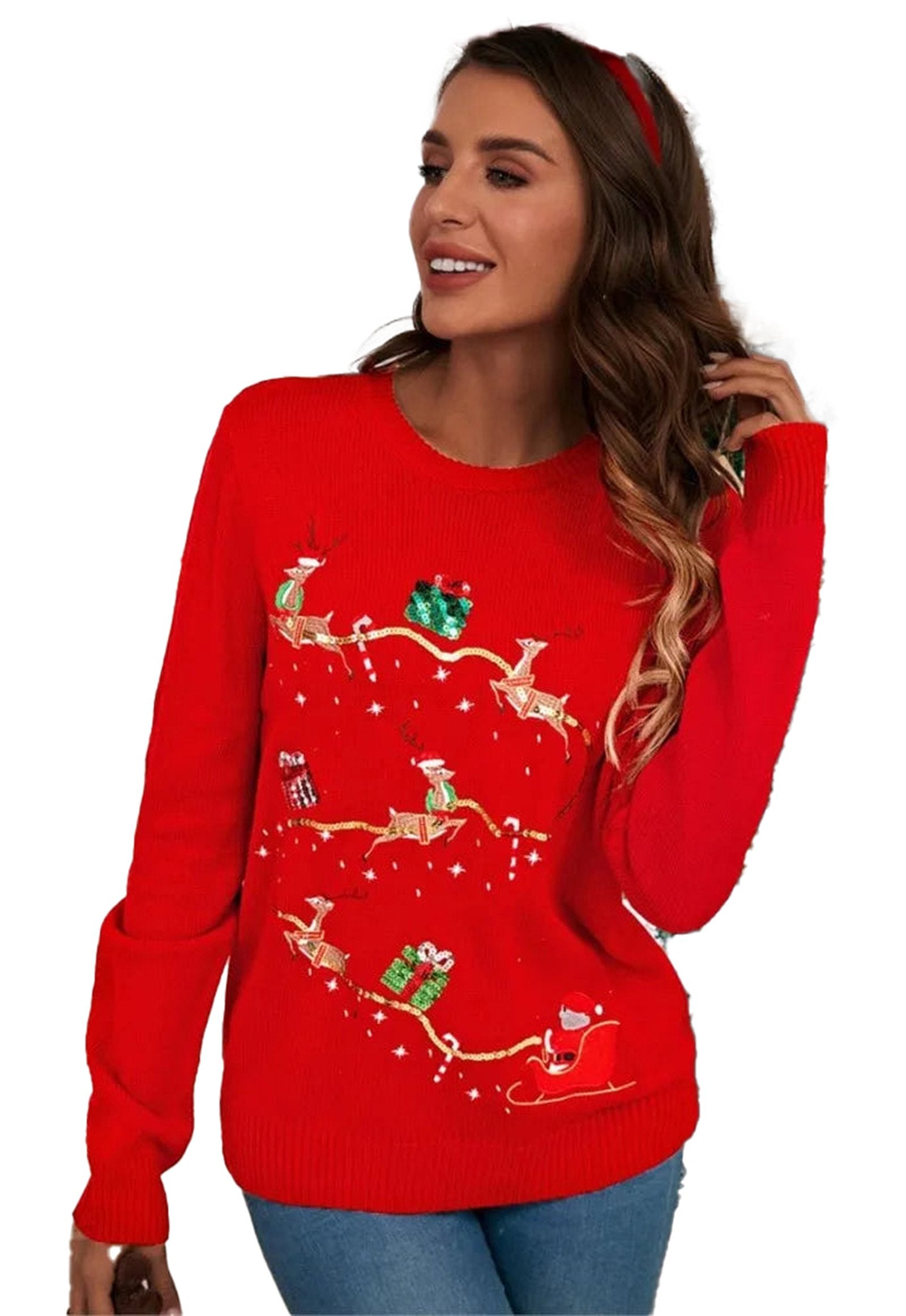 Women's Christmas knitted sweater in red with festive reindeer and gifts design for holiday celebrations