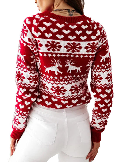 Women's Christmas reindeer sweater with festive patterns and vibrant red color, perfect for holiday warmth