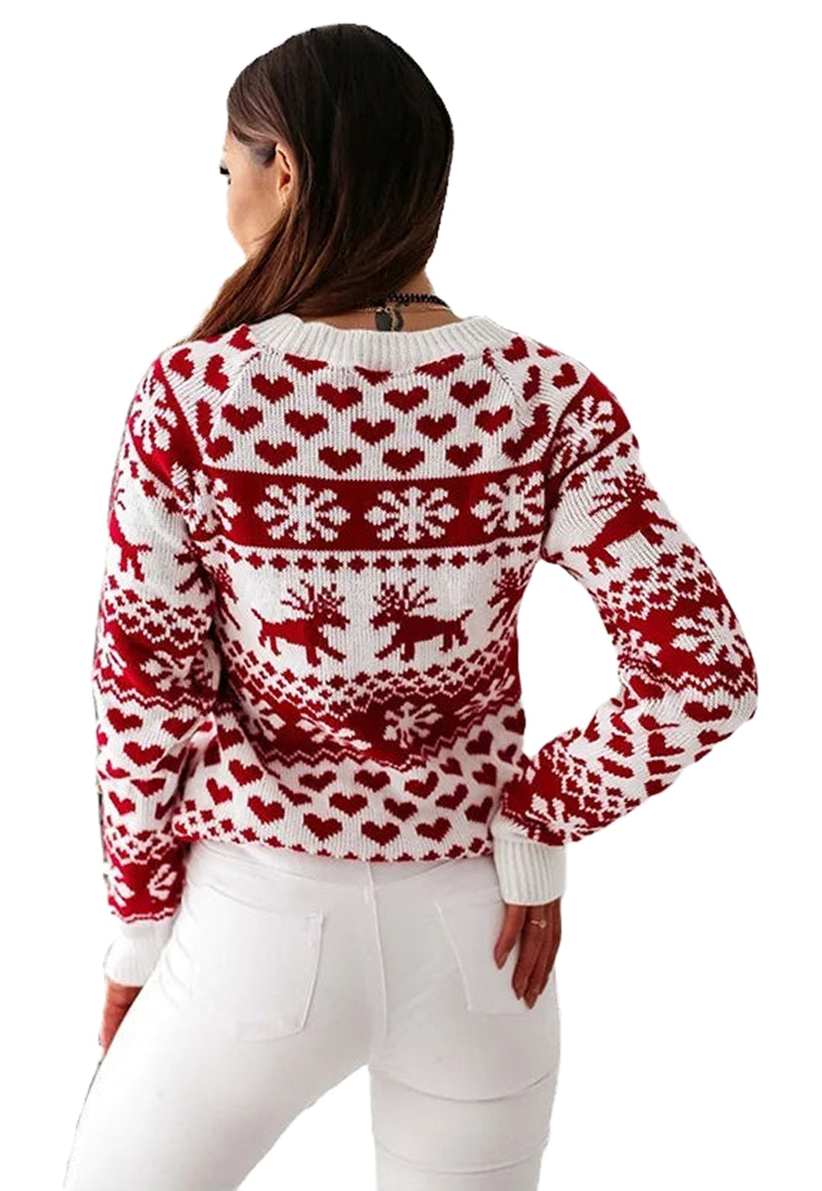 Women's Christmas reindeer sweater featuring festive patterns with hearts and snowflakes in red and white