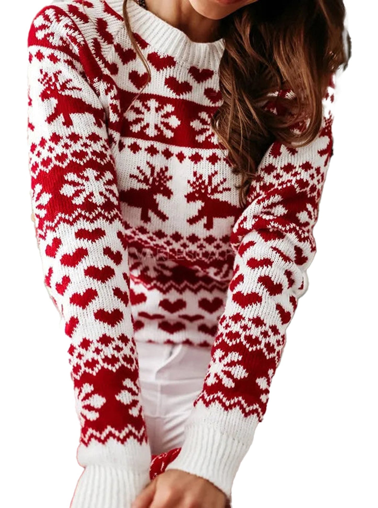 Women's Christmas reindeer sweater in red and white with festive patterns for holiday celebrations
