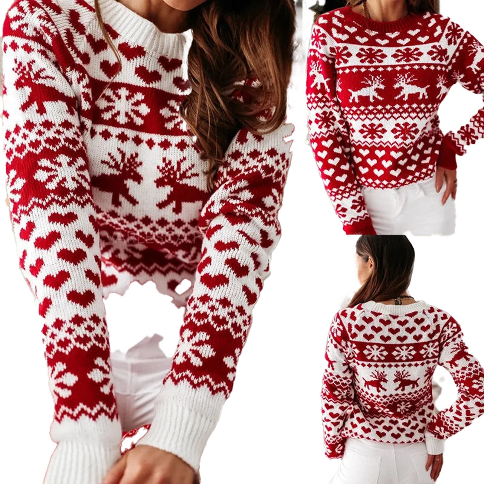 Cozy women's Christmas reindeer sweater in red and white with festive patterns for holiday celebrations