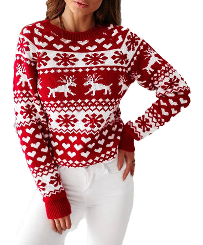 Women's Christmas reindeer sweater in red and white with festive patterns for holiday celebrations