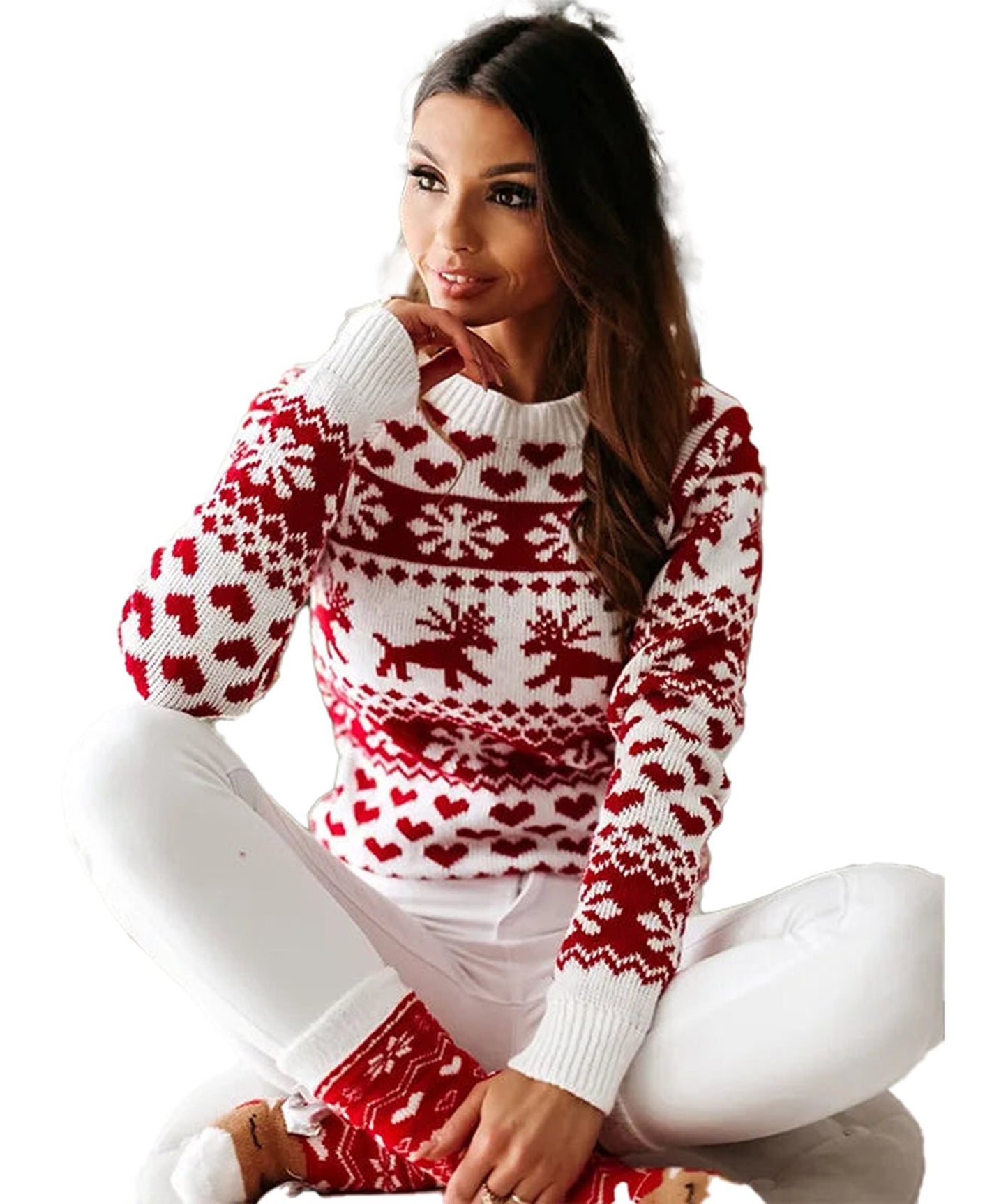 Women's Christmas reindeer sweater in red and white with festive patterns for holiday celebrations