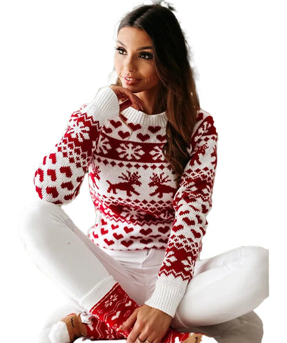 Women's Christmas reindeer sweater in red and white with festive patterns for holiday celebrations