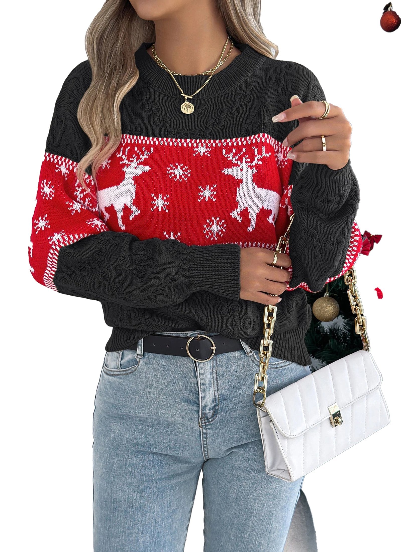 Women's Christmas snowflake deer sweater in red and black with festive designs, perfect for holiday styling