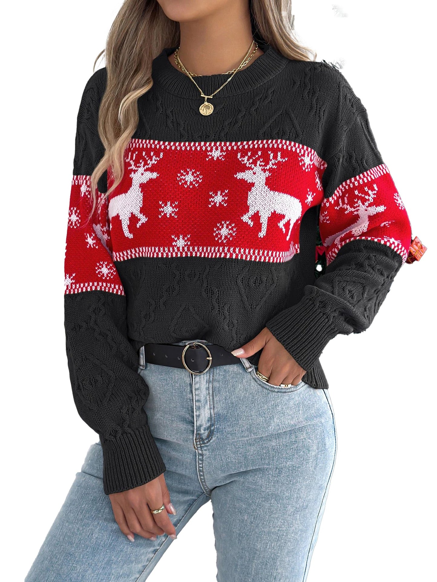 Women's Christmas snowflake deer sweater in black and red with festive deer and snowflake design