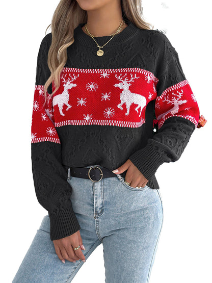 Women's Christmas snowflake deer sweater in black and red with festive deer and snowflake design
