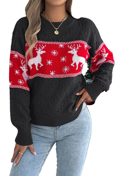 Women's Christmas snowflake deer sweater featuring a festive deer design on a black background