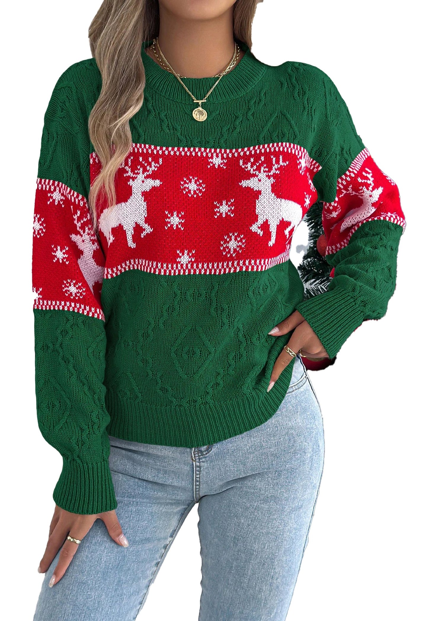 Women's Christmas snowflake deer sweater in green and red featuring reindeer and snowflake patterns