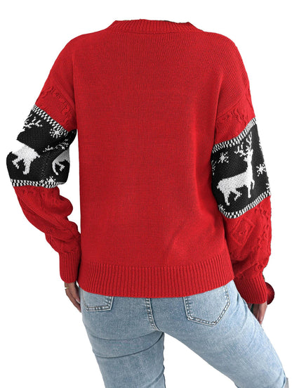 Women's Christmas snowflake deer sweater in red with black deer-patterned sleeves for festive style