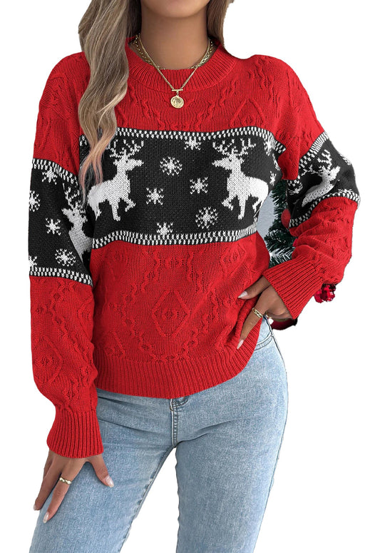 Red women's Christmas snowflake deer sweater with reindeer design and cozy knit texture