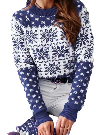 Women's Christmas snowflake sweater in navy blue with white snowflake patterns for festive style