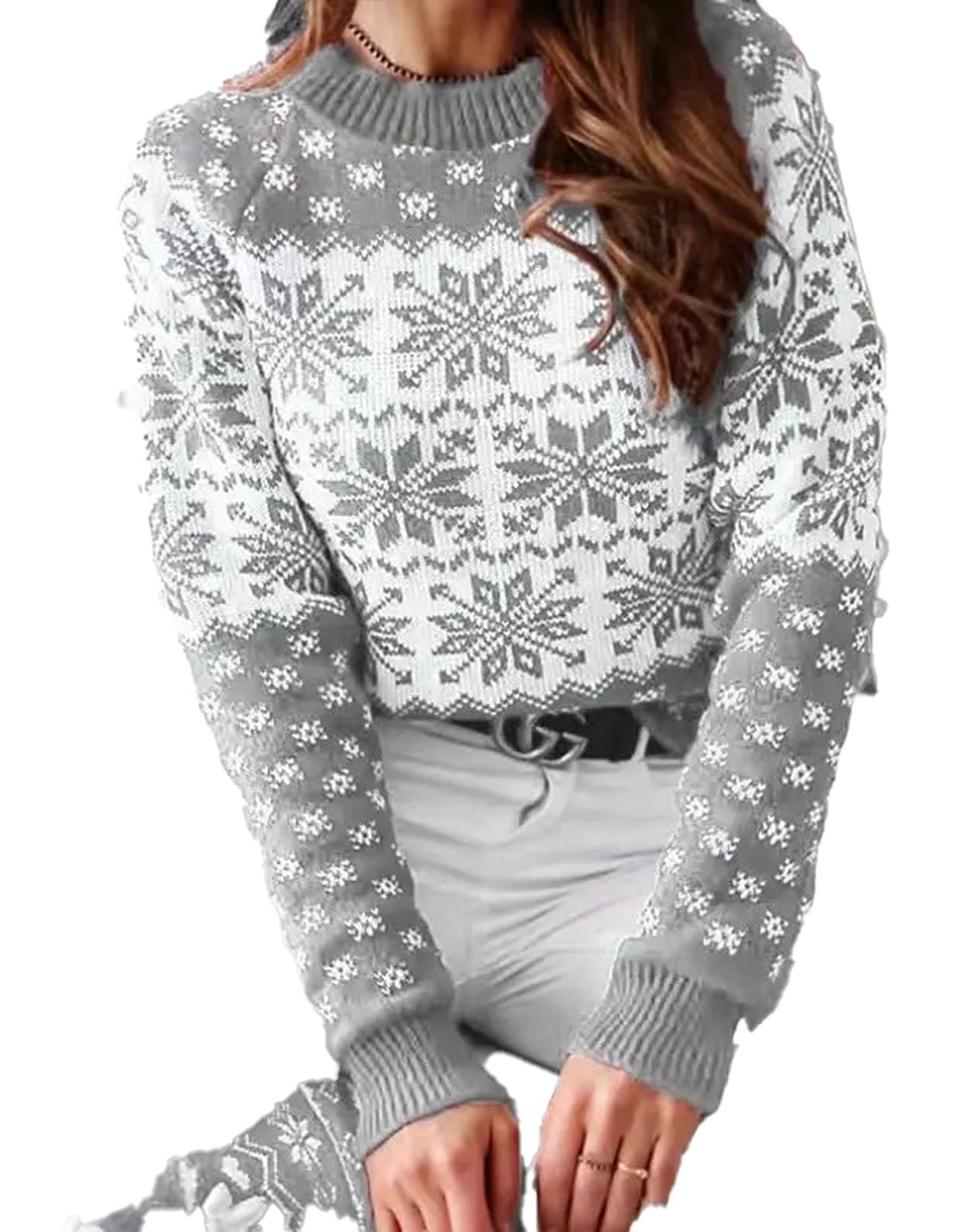 Women's Christmas snowflake sweater in grey with festive snowflake patterns and a cozy fit