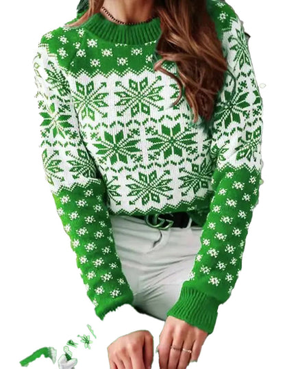 Women's Christmas snowflake sweater in green and white with festive snowflake patterns