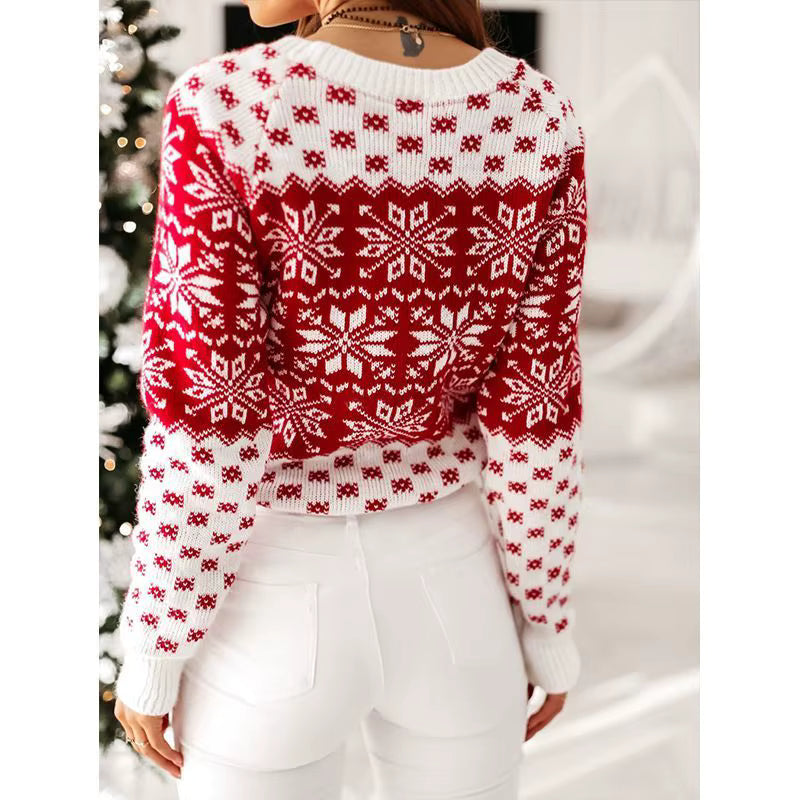 Back view of a women's Christmas snowflake sweater in red and white, perfect for festive winter wear