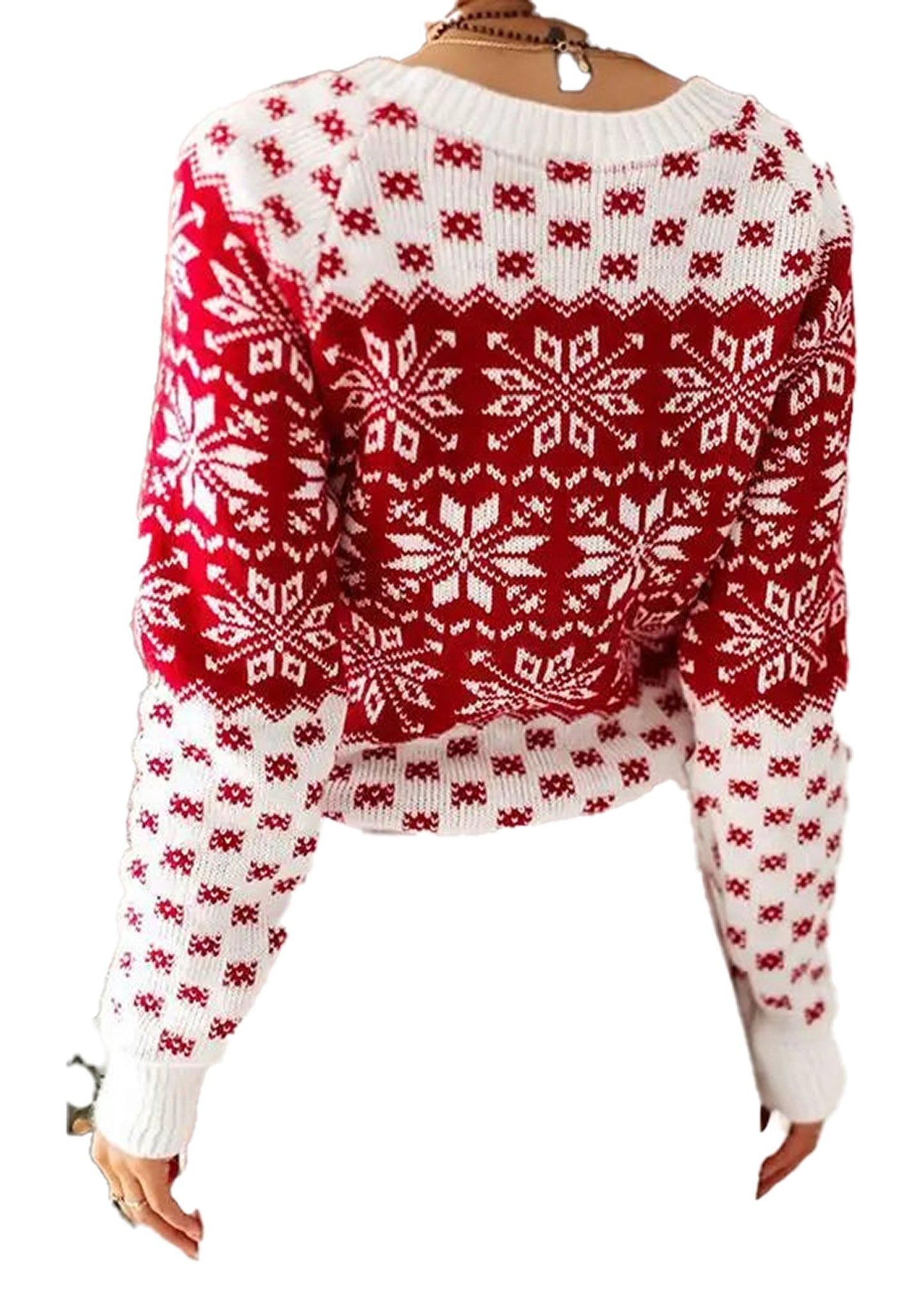 Women's Christmas snowflake sweater featuring a festive red and white snowflake pattern on a cozy knit design