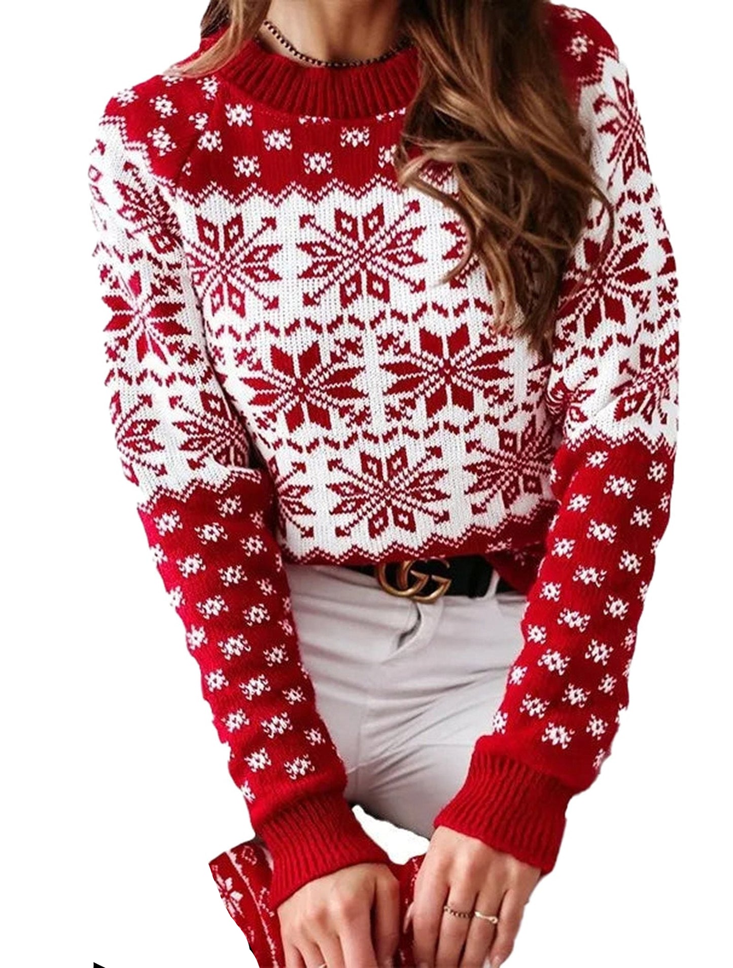 Women's Christmas snowflake sweater in red and white with festive snowflake patterns