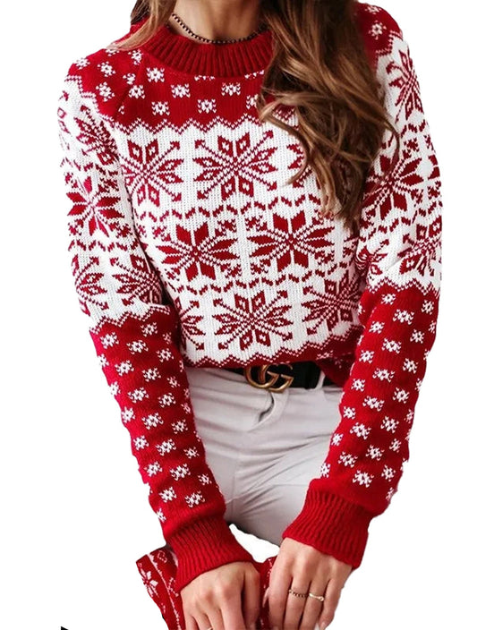 Women's Christmas snowflake sweater in red and white with festive snowflake patterns
