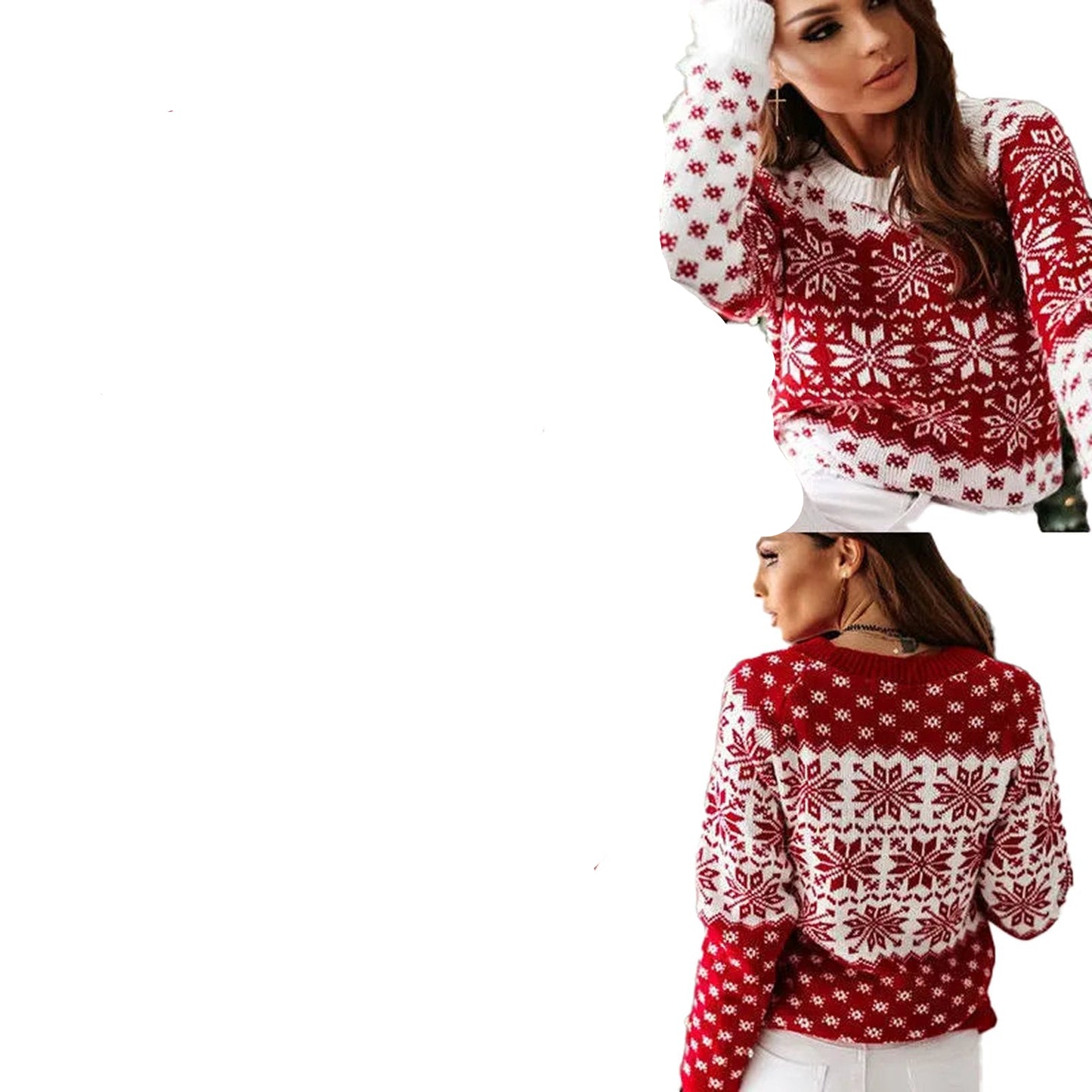 Women's Christmas snowflake sweater in red and white with festive snowflake patterns