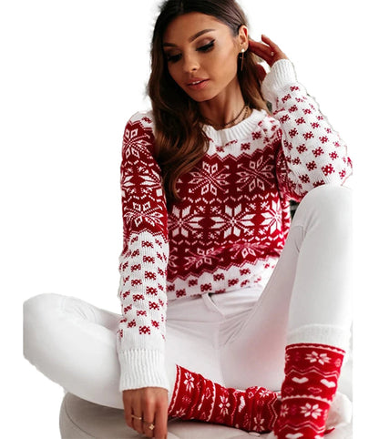 Women's Christmas snowflake sweater in red and white with festive pattern for holiday celebrations