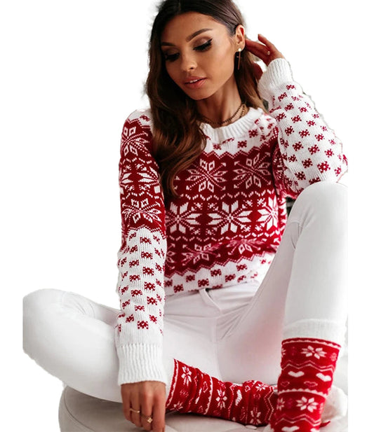 Women's Christmas snowflake sweater in red and white with festive pattern for holiday celebrations