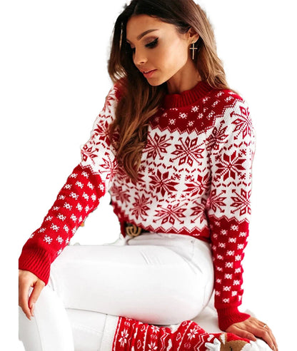 LuckeLadybug LLC women's Christmas snowflake sweater in red and white with festive snowflake design
