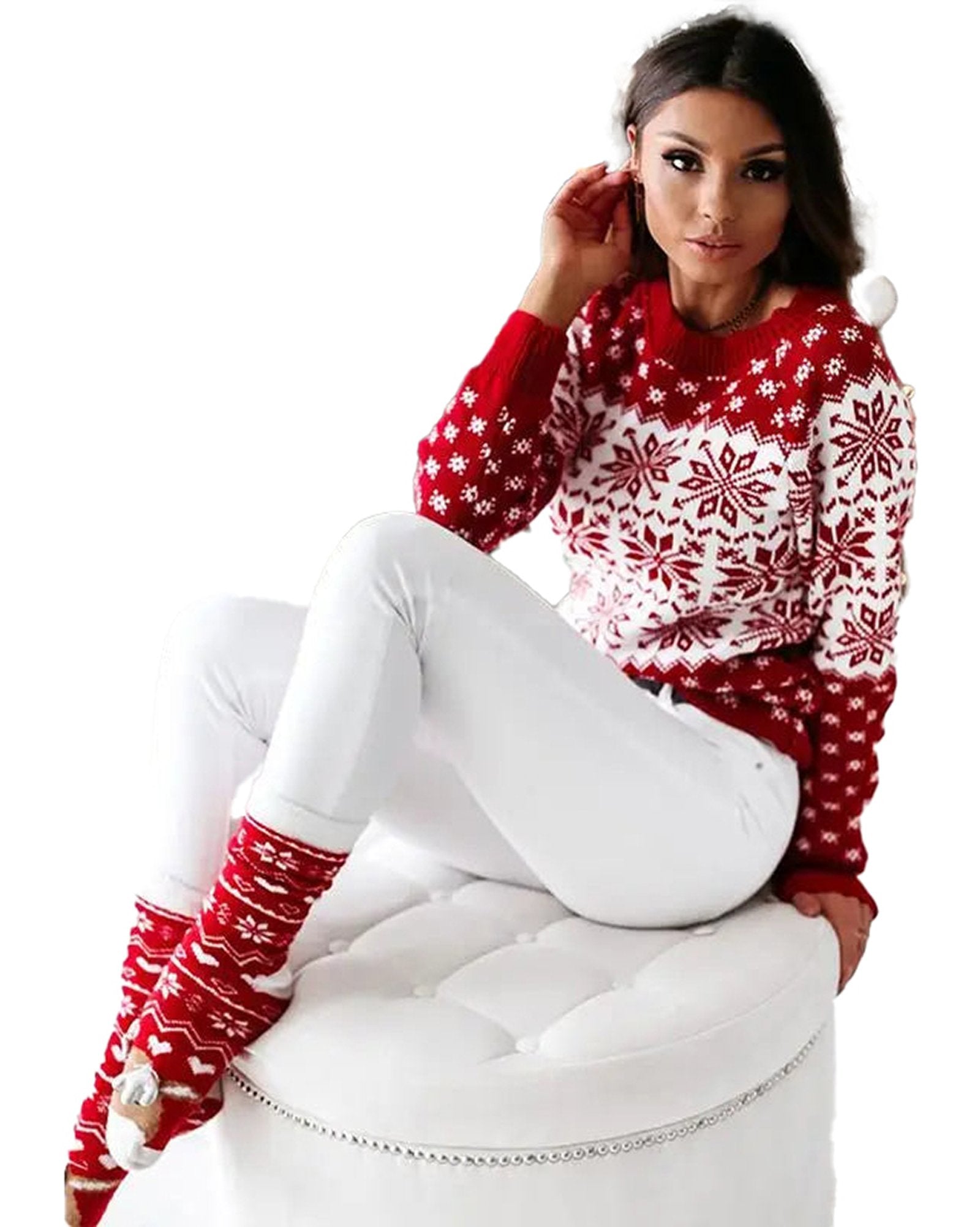 LuckeLadybug women's Christmas snowflake sweater in red and white worn with white jeans for a festive look
