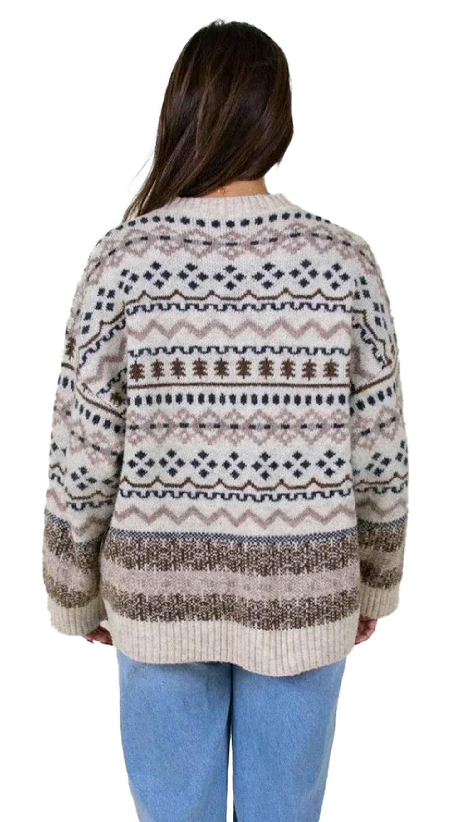 Back view of a cozy women's Christmas sweater with festive patterns in neutral tones