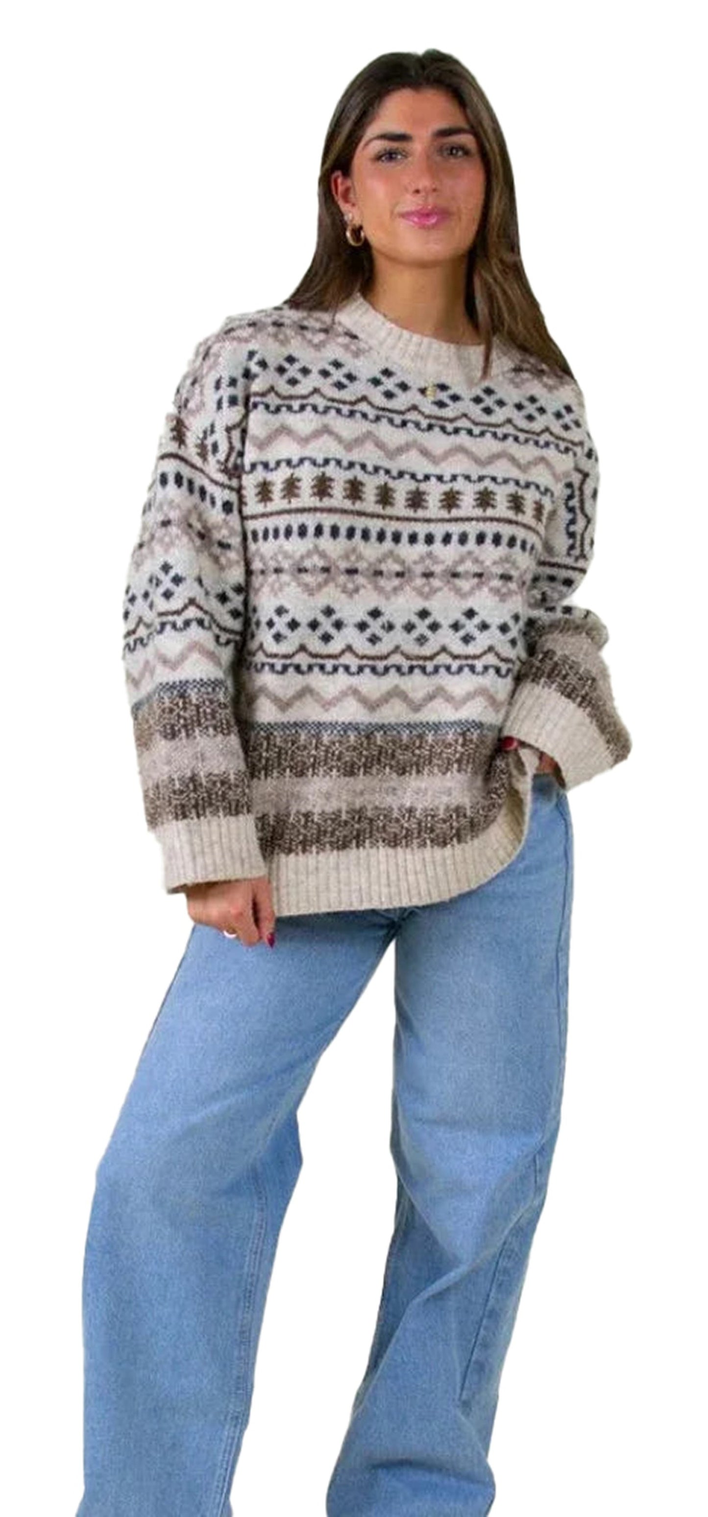 Cozy women's Christmas sweater with festive patterns in neutral tones, perfect for holiday celebrations