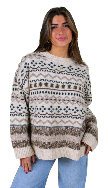 LuckeLadybug women's Christmas sweater in beige with festive patterns and a cozy fit