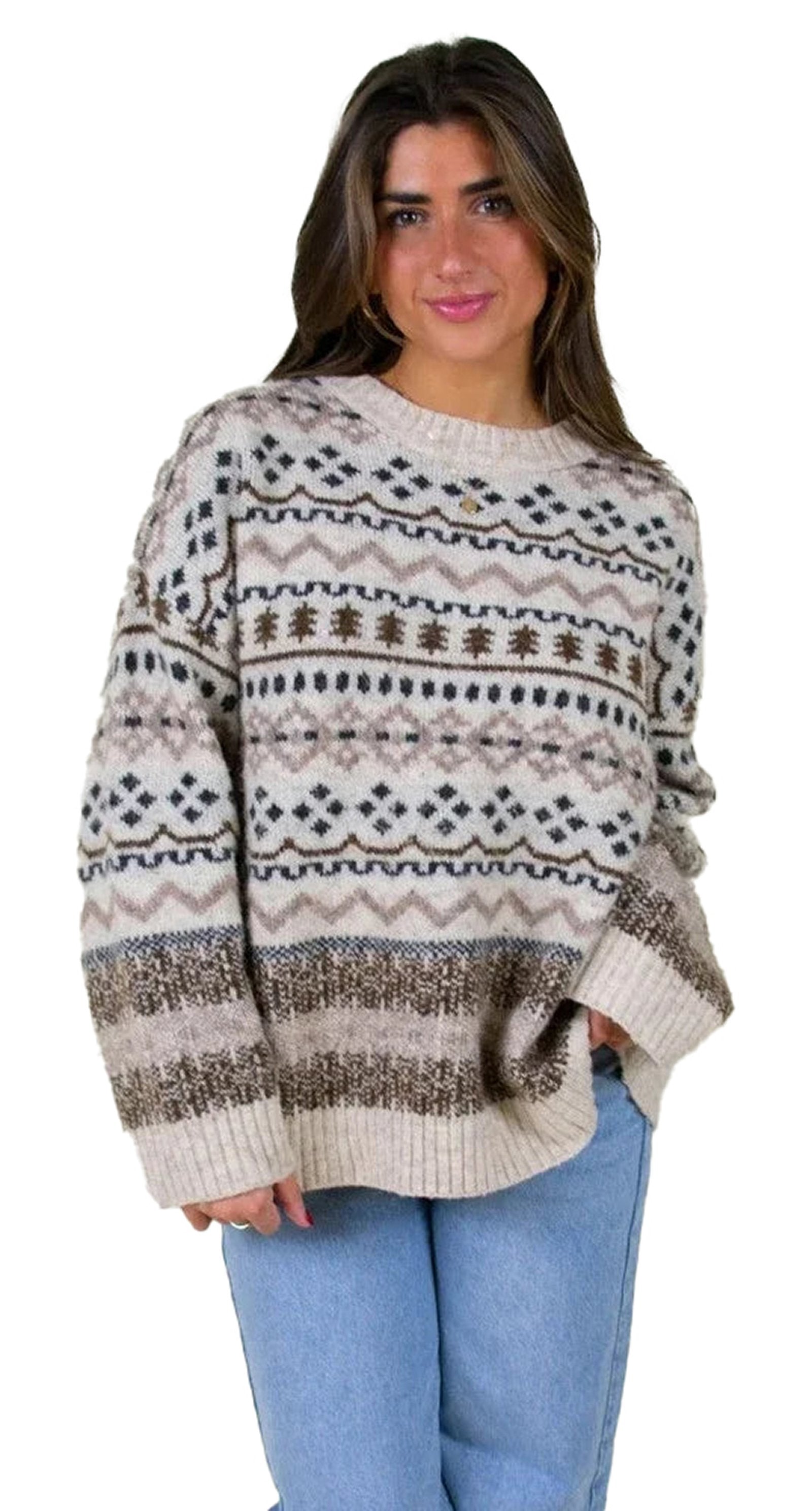 Cozy women's Christmas sweater with festive patterns and relaxed fit for holiday gatherings