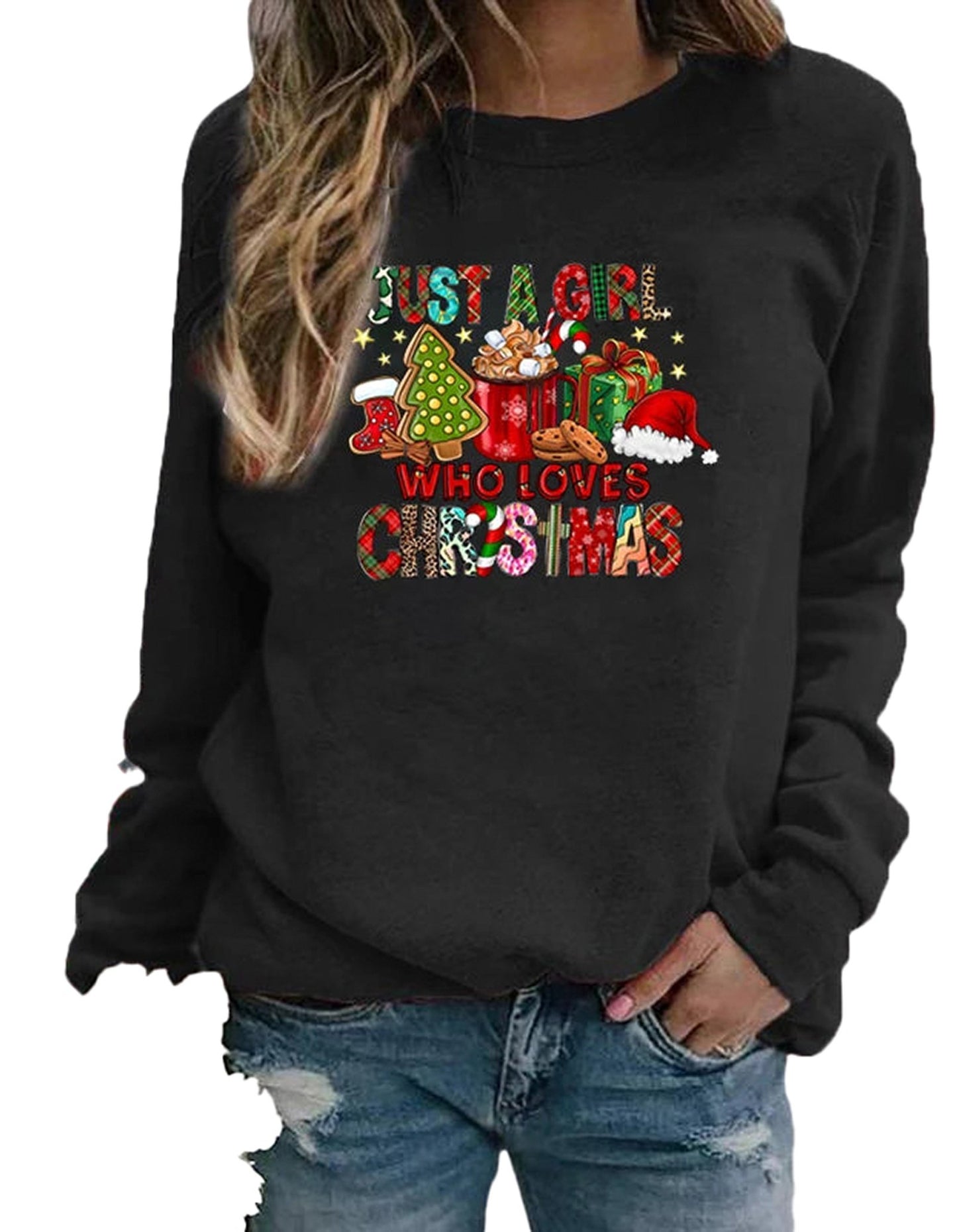 Black women's Christmas sweatshirts featuring colorful festive graphics and cozy fit