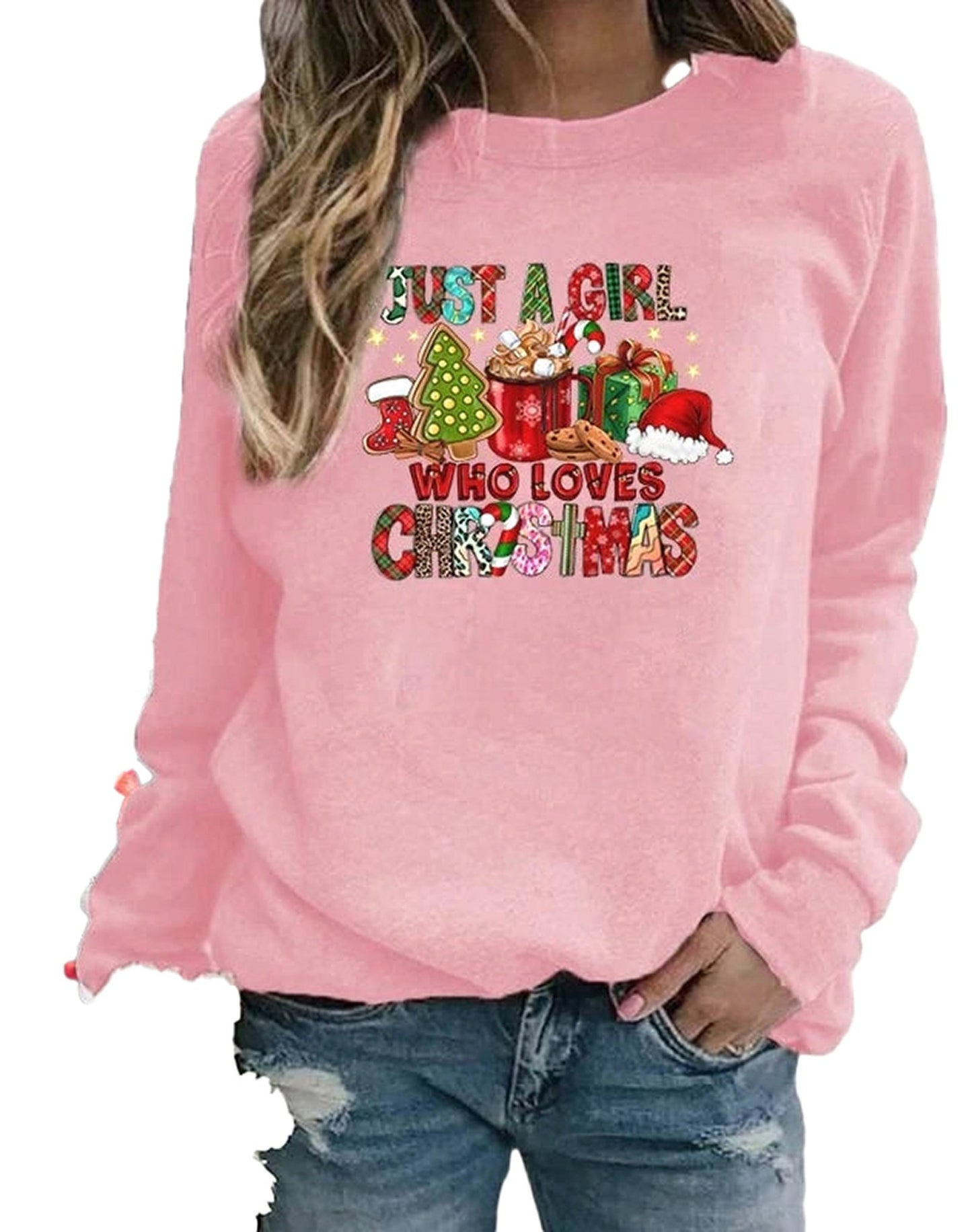 Women's Christmas sweatshirts in pink featuring festive graphics and comfortable fit for holiday cheer