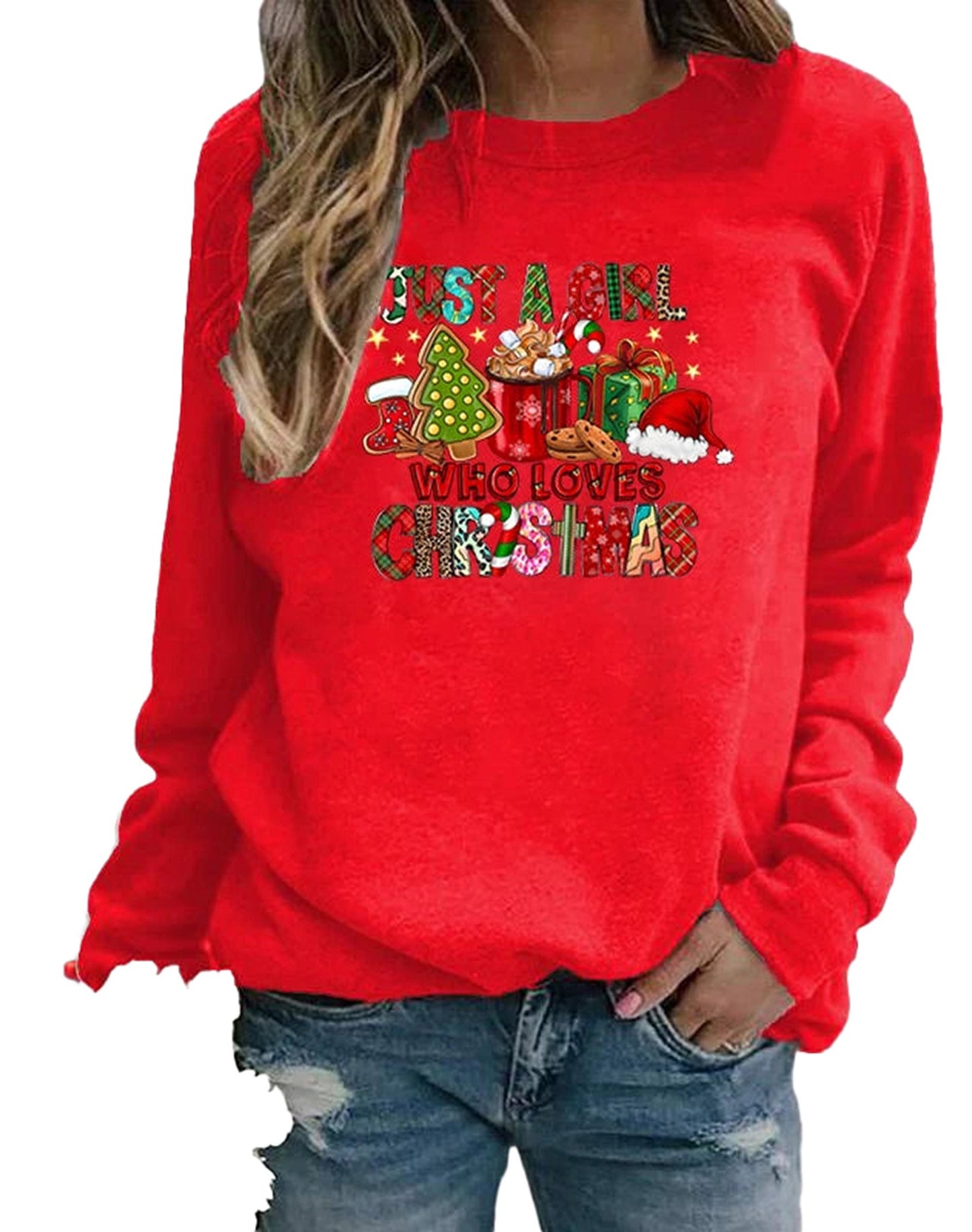Red women's Christmas sweatshirts featuring festive graphic with gifts and holiday decorations