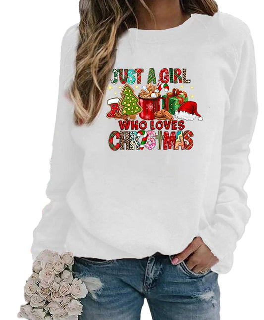 White women's Christmas sweatshirts featuring festive graphics and the phrase Just a Girl Who Loves Christmas