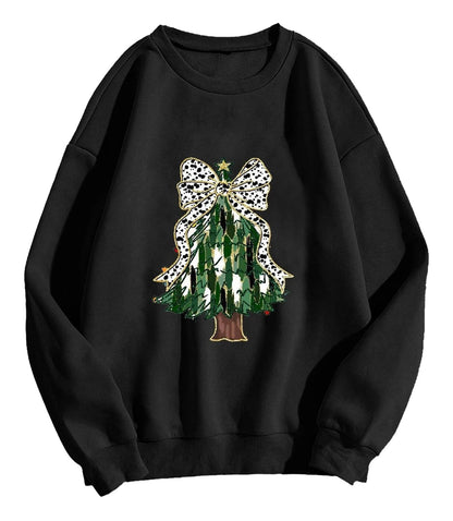Black women's Christmas tree sweatshirt featuring a colorful tree and bow design for festive wear
