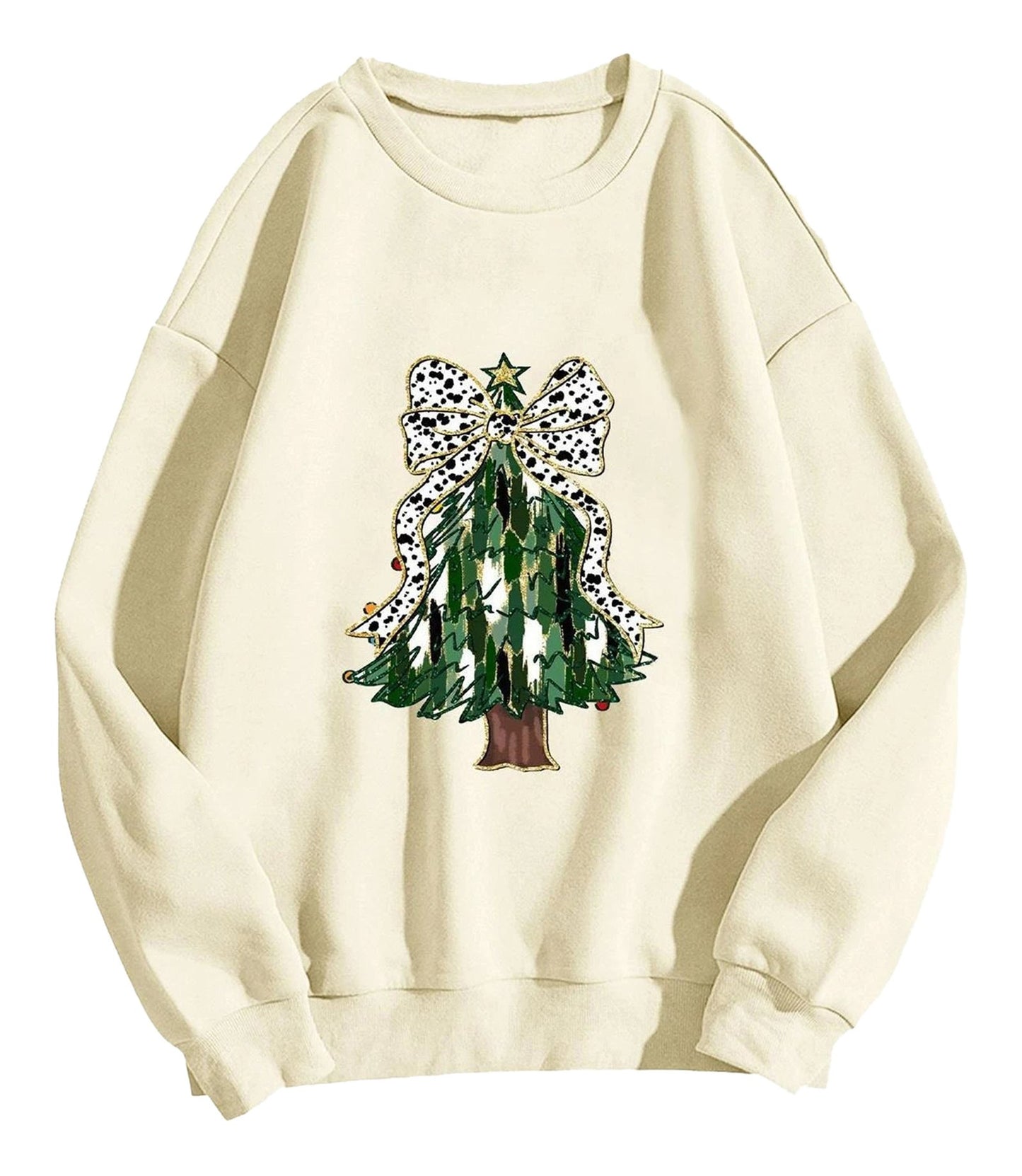 Cream women's Christmas tree sweatshirt featuring a decorated tree with a bow design