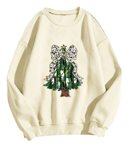 Cream women's Christmas tree sweatshirt featuring a decorated tree with a bow design