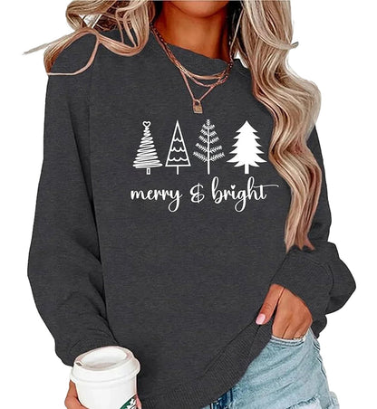 Womens Christmas tree sweatshirt in dark gray featuring festive tree graphics and a merry bright design