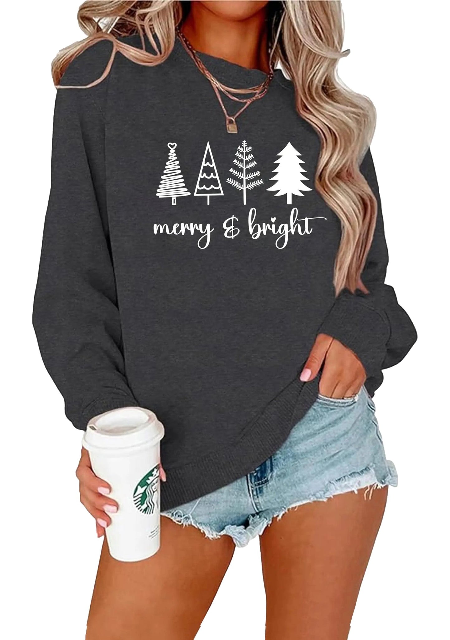 Women's Christmas tree sweatshirt in dark gray with 'merry & bright' design, perfect for festive occasions