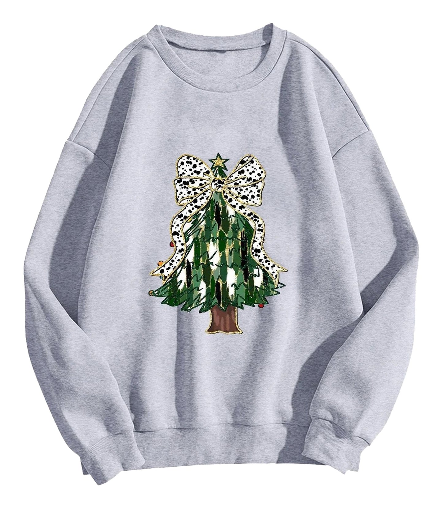 Light gray women's Christmas tree sweatshirt featuring a colorful tree design with a bow