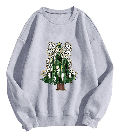Light gray women's Christmas tree sweatshirt featuring a colorful tree design with a bow