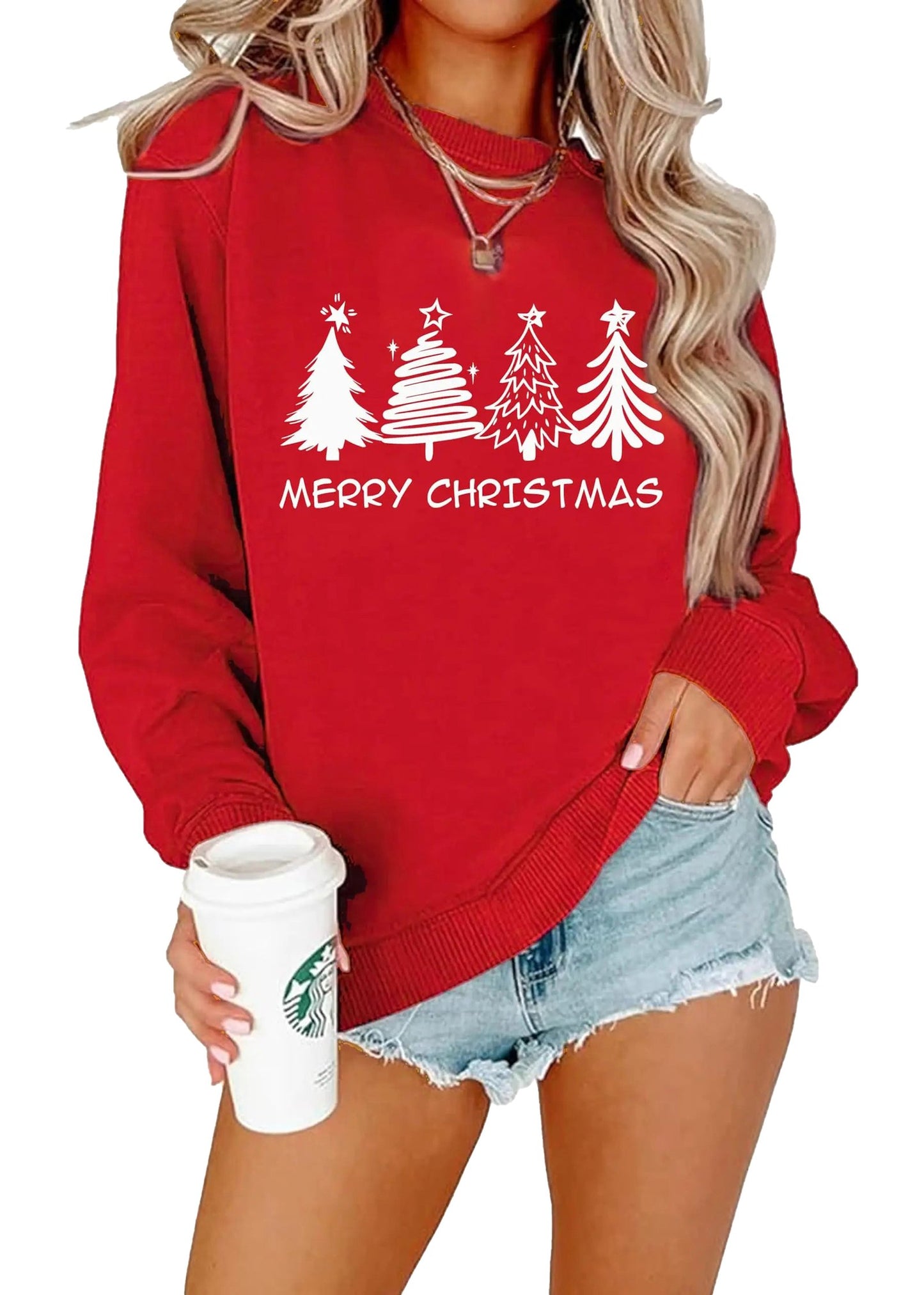 Womens Christmas tree sweatshirt in red with festive tree designs and Merry Christmas text