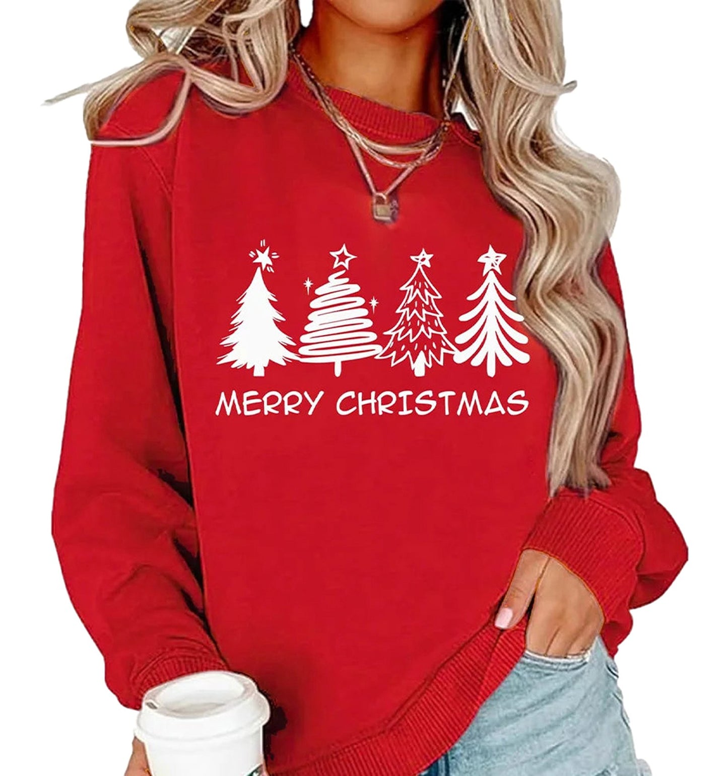 Red womens Christmas tree sweatshirt featuring festive tree designs and Merry Christmas text