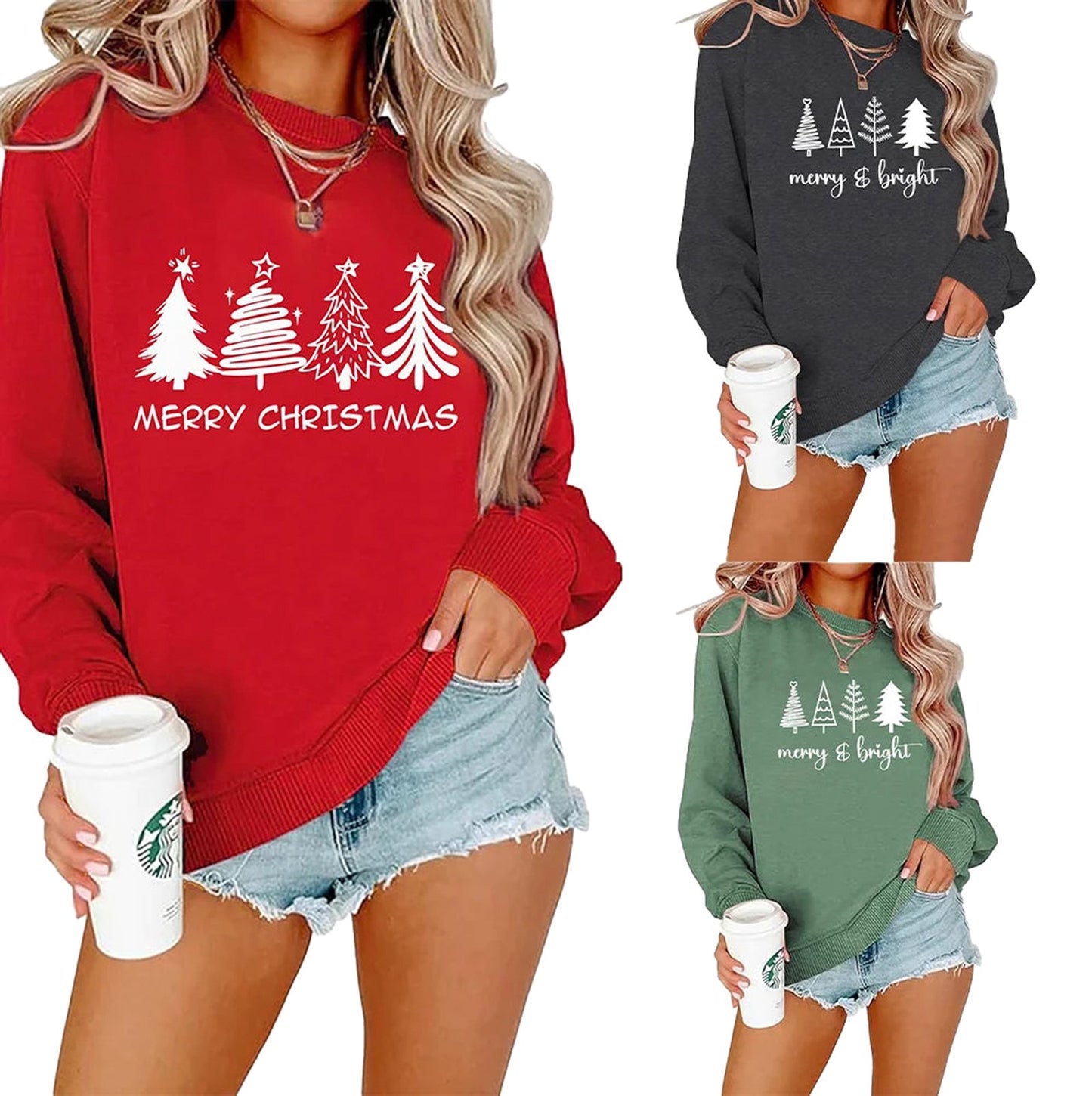 Womens Christmas tree sweatshirt in red, grey, and green featuring festive designs and comfortable fit