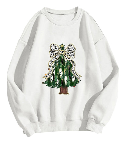 Cozy white women's Christmas tree sweatshirt featuring a festive tree with a bow design